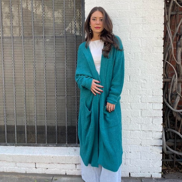Free people oversized teal cardigan with pockets sz m - Picture 2 of 4